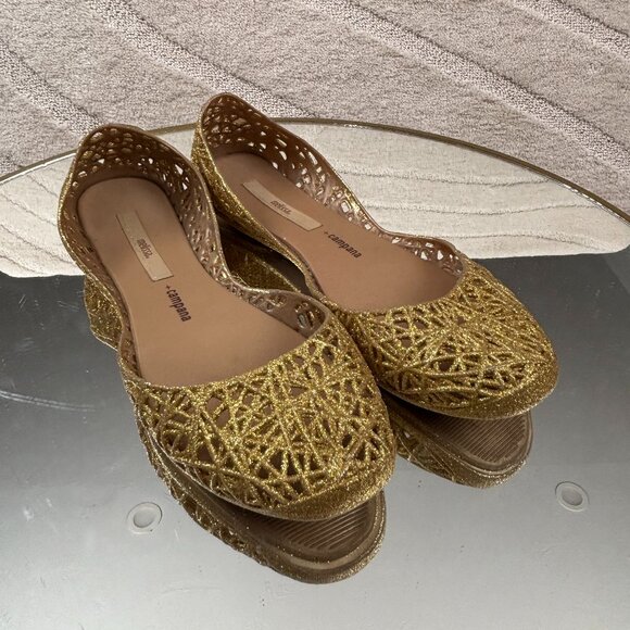 Melissa + Campagna Glittery Gold Ballet Flats - Picture 1 of 4